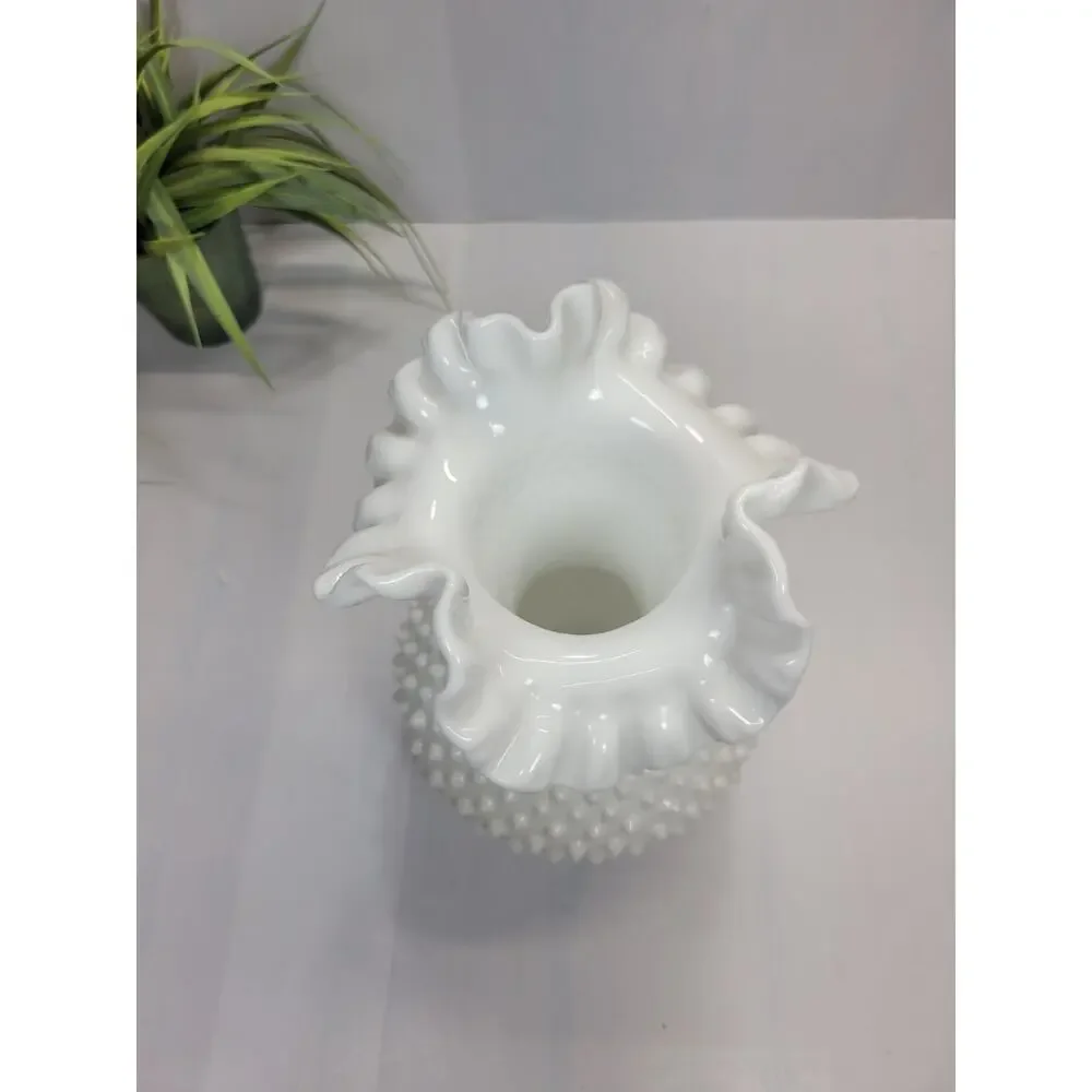 Vintage Fenton Hobnail White Milk Glass Large Double Crimped Ruffled Vase 11
